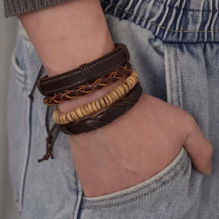 4 pièces/ensemble tressé Wrap Bracelets en cuir pour hommes Vintage arbre de vie gouvernail charme perles de bois ethnique Tribal Bracelet corde Bracelet