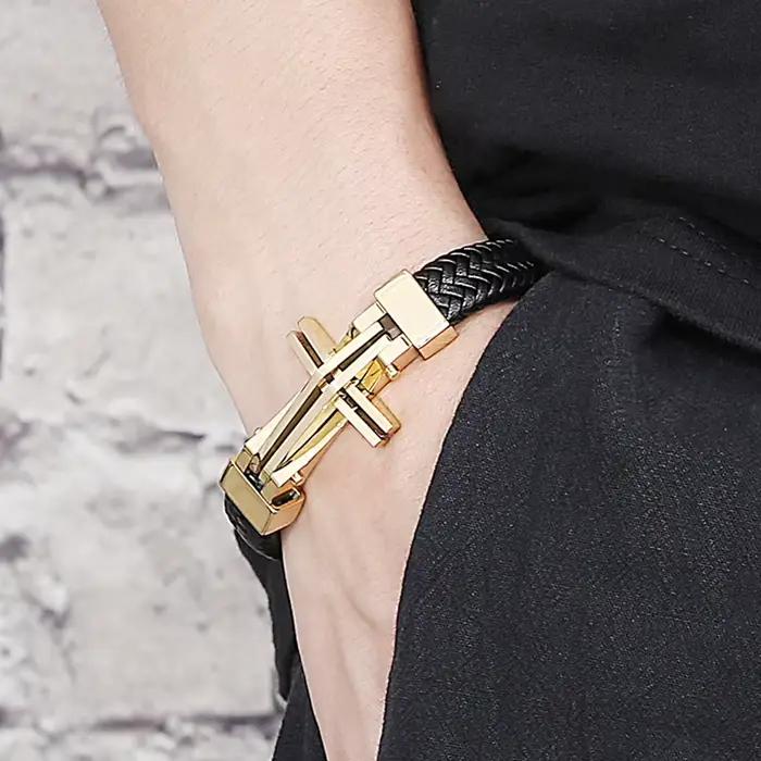 Bracelet Tressé en Cuir group pour Homme, Manchette Ronde en Acier Inoxydable, avec Fermeture Magnétique, Bijoux en Croix à Graver