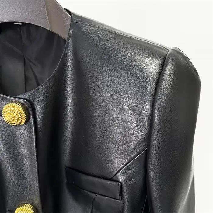 Veste en cuir femme nouveau automne 2025 simple boutonnage coupe ajustée col rond haut à manches longues en cuir artificiel PU manteau femme