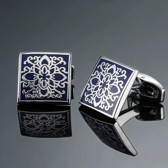 Boutons de manchette de luxe bleus rétro en métal pour hommes, boutons de manchette carrés français pour chemises, bijoux pour mariage, cadeau d'affaires