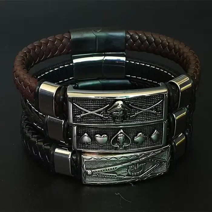 Bracelet en cuir maçonnique tressé à la main avec motifs cœur, hexagramme et crâne pour homme ou femme occasions spéciales