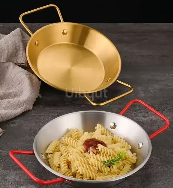 Poêle à paella espagnole en acier inoxydable de bonne qualité, plat à fruits de mer, poulet frit coréen, plat à fromage, sucrier Binaural pour fruits
