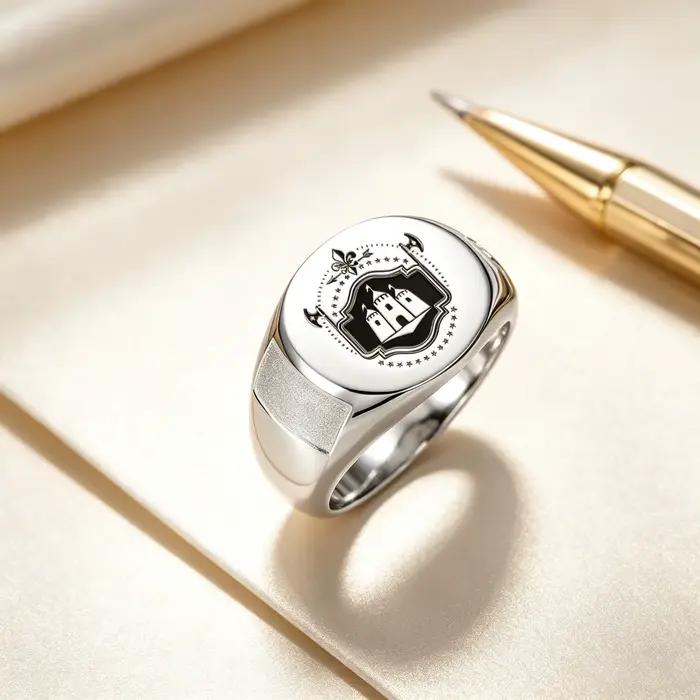 Bague Chevalière Personnalisée avec Armoiries Familiales, en Acier Inoxydable, Logo Héraudique Gravé, Textes et Noms Intérieurs, Bijou de Remise de Diplôme