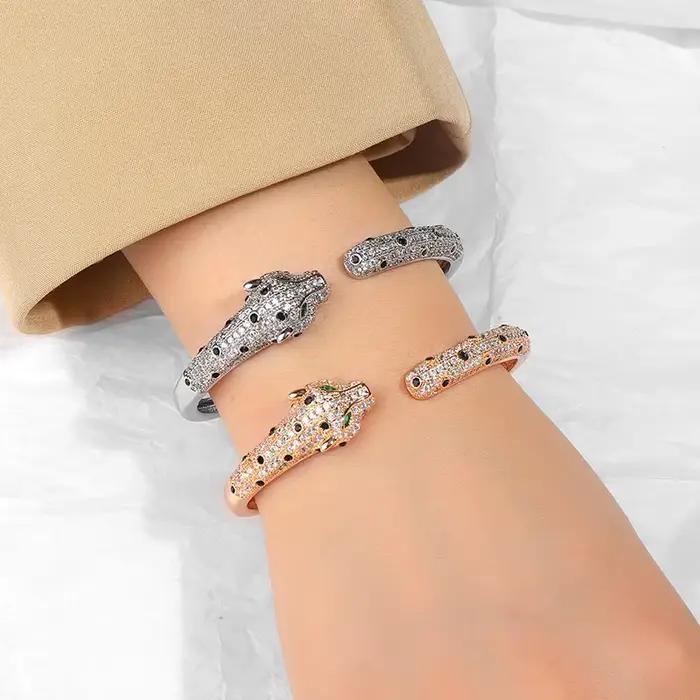 Ensemble de bagues et Bracelet léopard de luxe, pavé de Zircons 5A, panthère en cristal, ouvert, à la mode, vêtements de fête pour femmes, ensemble de bijoux