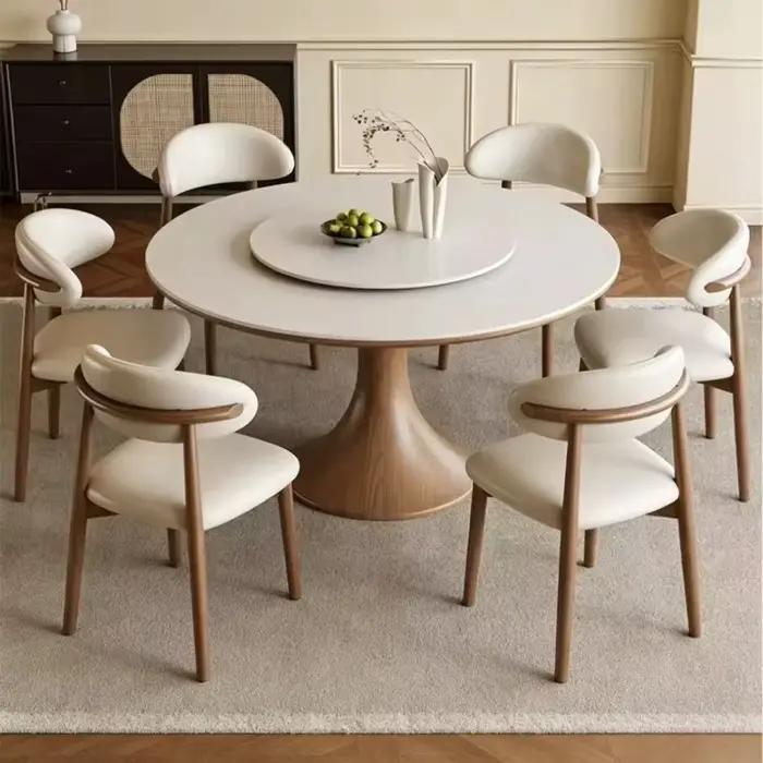 Table à manger ronde moderne et simple avec plateau tournant, table à manger haut de gamme en ardoise et bois massif, et ensemble de chaises