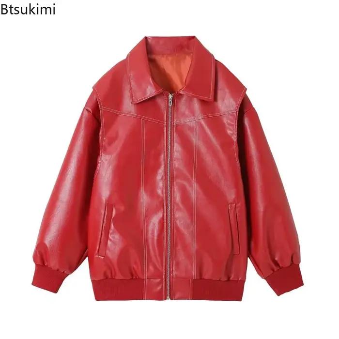 Vestes en cuir pour femmes mode couleur unie revers fermeture à glissière veste Vintage tempérament décontracté Chic dame veste ample