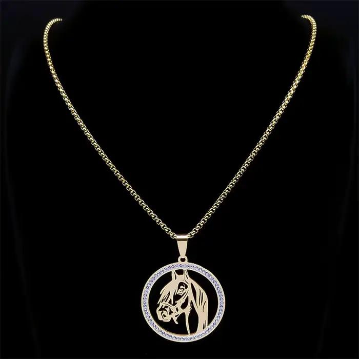 Collier pendentif tête de cheval pour hommes et femmes, en acier inoxydable, chaîne animale en cristal, accessoires de cheval, bijoux colar masculino