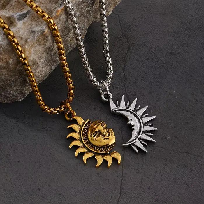 Collier asymétrique soleil et lune en acier inoxydable, collier de couple pour homme et femme, bijoux minimalistes polyvalents