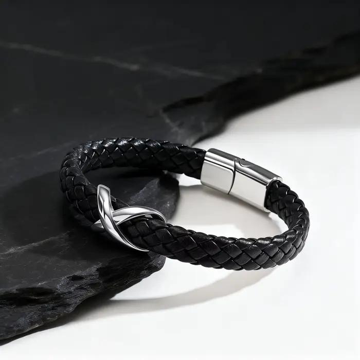 Bracelet en cuir noir Infinity en acier inoxydable pour homme