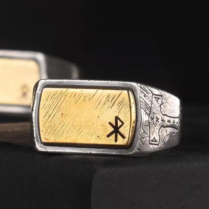 Bague marteau nordique en argent incrusté de cuivre, Rune Viking, bijoux en argent
