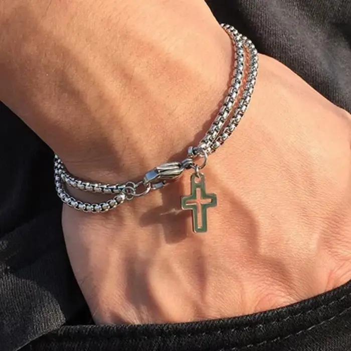 Bracelet à pendentif croix Double couche en acier inoxydable pour hommes, Design personnalisé, couleur argent, bijoux Hip Hop Rock, ne se décolore pas