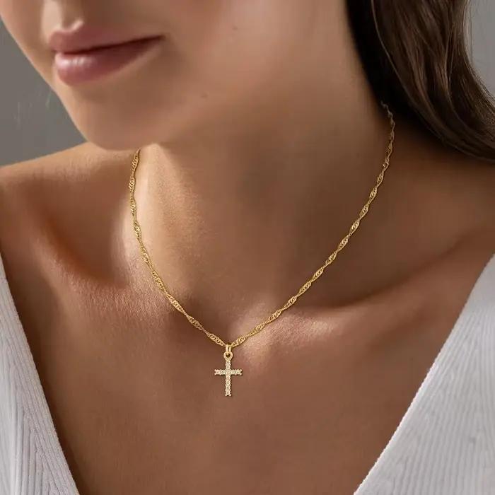 Collier croix en acier inoxydable plaqué or véritable 18 carats pour femmes et filles, ne ternit pas, étanche, bijoux de foi chrétienne de pâques, cadeaux