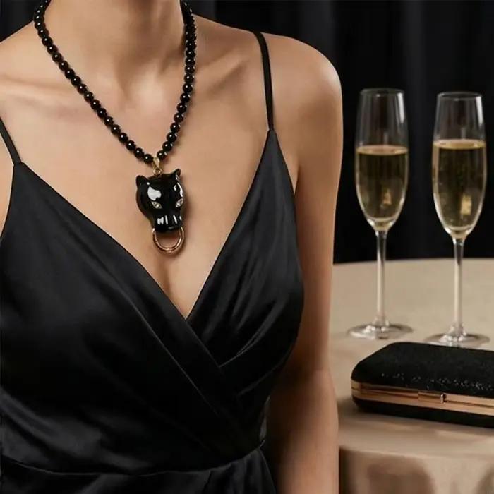 Collier en alliage de perles avec pendentif tête de léopard en émail, bijoux rétro tendance, chaîne de clavicule pour femme