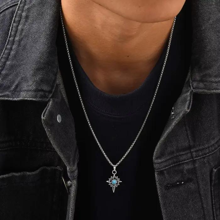 Collier pendentif géométrique en pierre naturelle Turquoise pour hommes, breloque étoile de lune en acier inoxydable, étanche, bijoux à la mode, cadeau