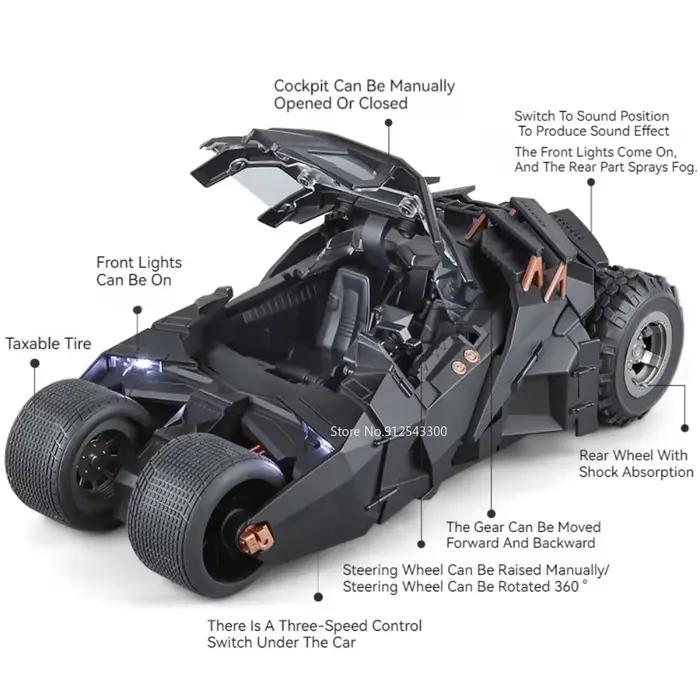 Modèle de voiture Batmobile à grande échelle, jouet, le chevalier noir, trilogie, son, lumière, pulvérisation market, alliage, modèles de véhicules, ornements, cadeaux, 1:18