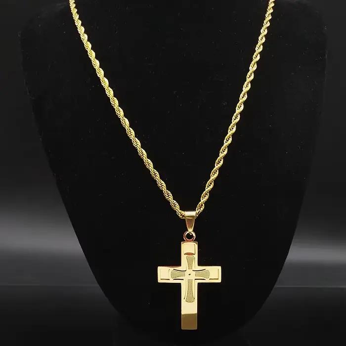 Collier en acier inoxydable avec grande croix de Jésus pour hommes et femmes, document doré, Hip Hop, cadeau masculin, bijoux longs, N1172S02