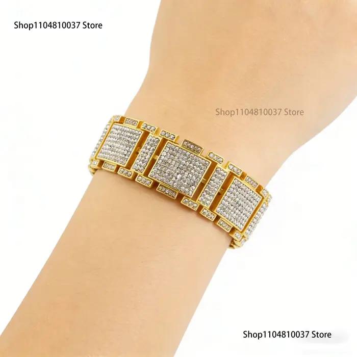 Bracelet Hip-Hop pour Homme Incrusté de Zircons en Cristal, Bijou Exagéré pour un Style Personnel