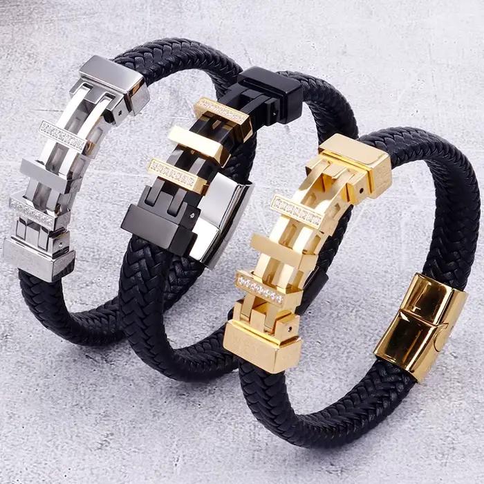 Bracelet Tressé en Cuir group pour Homme, Manchette Ronde en Acier Inoxydable, avec Fermeture Magnétique, Bijoux en Croix à Graver