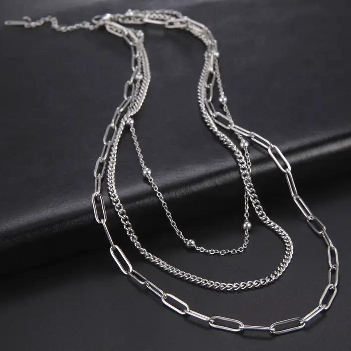 Collier à trois couches en acier inoxydable pour hommes et femmes, hip hop, collier cubain, tour de cou en perles simples, bijoux pour cadeau de fête