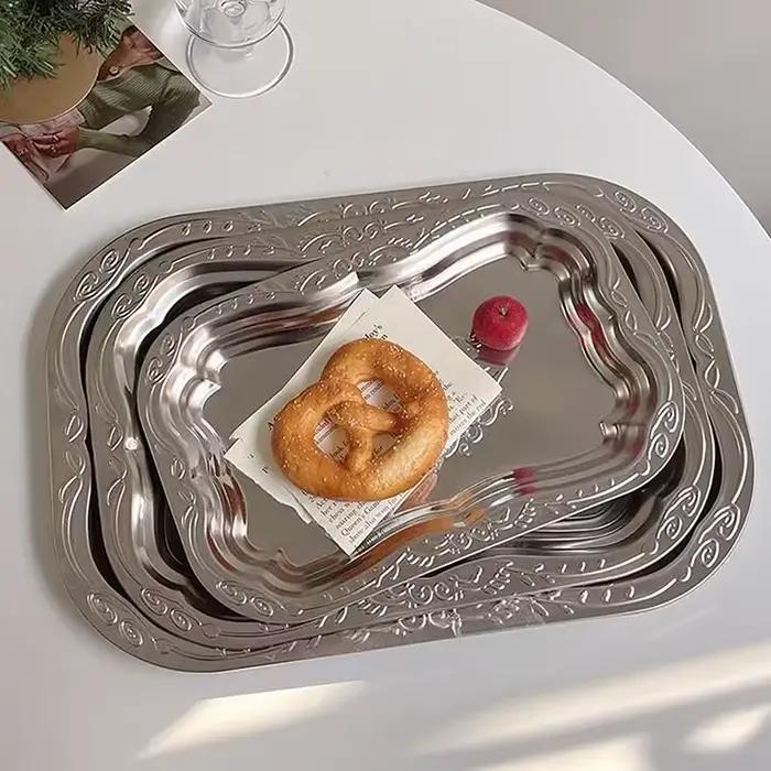 Nouveau plateau rectangulaire en acier inoxydable avec motif en relief pour la cuisine, le salon, le rangement, durable, pour servir des fruits, des collations, des gâteaux