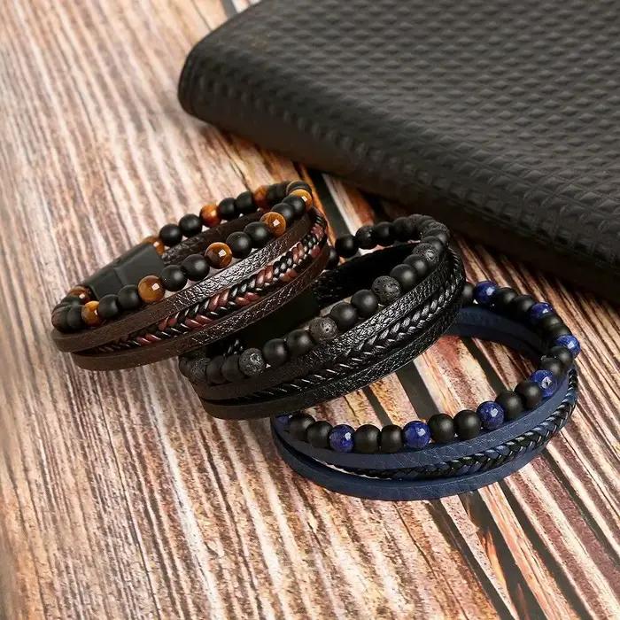 Wannee hommes Bracelet en cuir classique mode oeil de tigre perlé multicouche