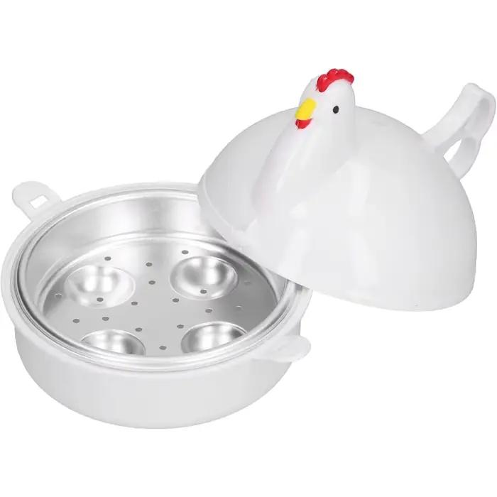 Cuiseur à œufs micro-ondes en forme de poulet, peut cuire 4 œufs, coque en plastique dur, matériau en alliage d'aluminium, peut cuire des œufs doux ou ferme.