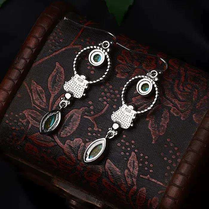 JoiasHome-Boucles d'Oreilles sulfTurquoise Incrustées pour Femme, Argent Sterling 925, Style Ethnique Thaïlandais, Cadeaux de Mariage Vintage