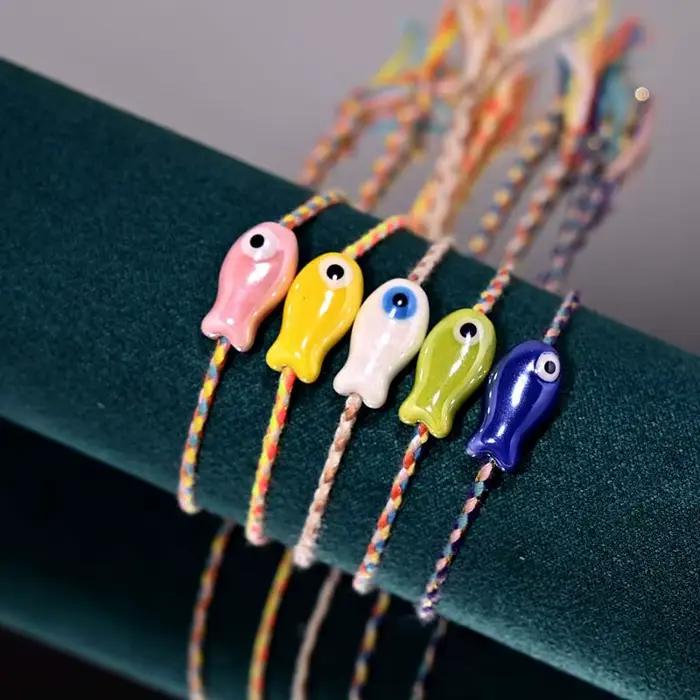 Bracelets de poisson en céramique à la mode pour femmes et hommes, bohème, mignon, coloré, tissé à la main, corde à main réglable, bijoux cadeaux, nouveau 2025