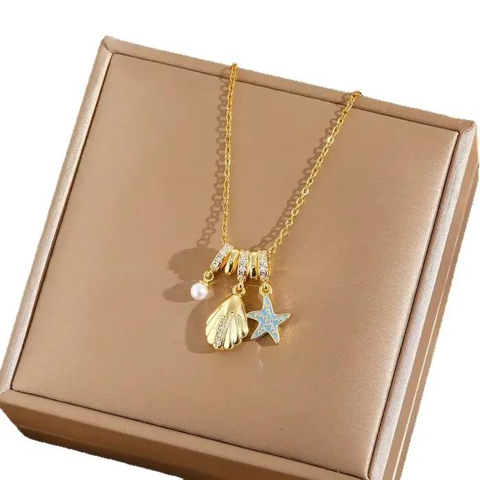 Collier multi-breloques style marin, étanche, en acier inoxydable, avec pendentifs étoile de mer bleue, coquillage, perle et cristal, bijoux de plage pour les vacances