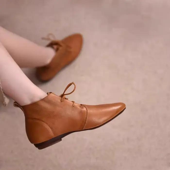 Bottines en cuir de couleur unie pour femmes, chaussures plates à lacets à bout pointu, décontractées, rétro, à coudre, mode automne 2026