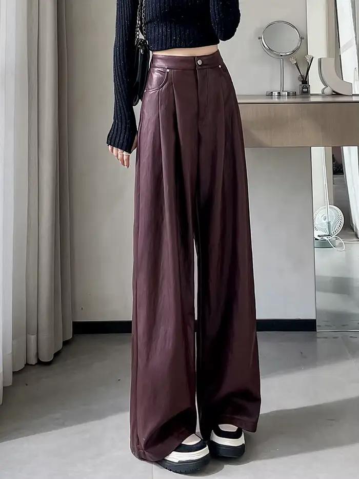 Pantalon en similicuir PU pour femme, jambe droite taille haute avec poches, jambe large, pantalon décontracté, automne, hiver, fjK, Y2K