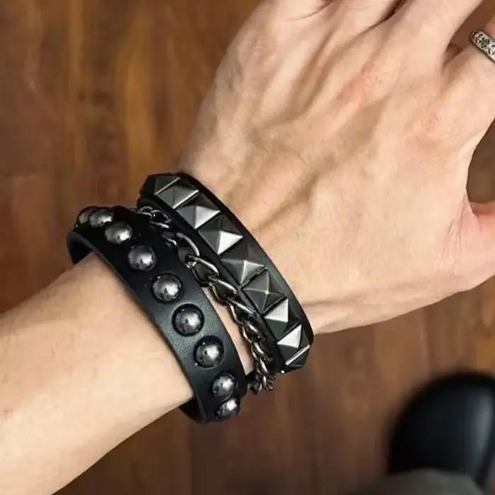Bracelet Punk Y2k superposé en cuir, Rivets et chaînes en métal, unisexe, esthétique foncée, bijoux unisexes pour un usage quotidien
