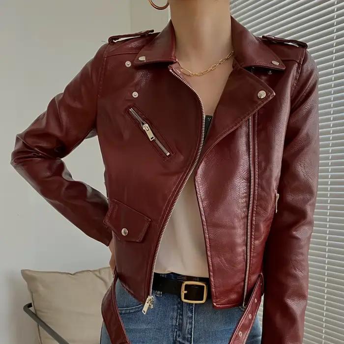 Manteau de moto en cuir Élpour femmes, veste en cuir, cuir PU, coupe couvertes, noir, rouge, mode féminine, automne, nouveau