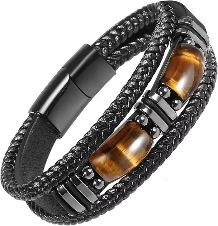 Bracelet en pierre œil de tigre avec boucle magnétique, bijoux pour hommes européens et américains, bracelet rétro pour hommes, bracelet en cuir