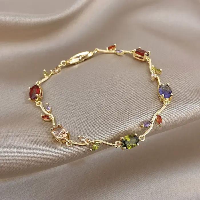 Greatera Bracelet en Zirconium cinq couleurs Rose étamines multicolore feuille pétale femmes léger luxe en acier inoxydable chaîne Fine Bracelet