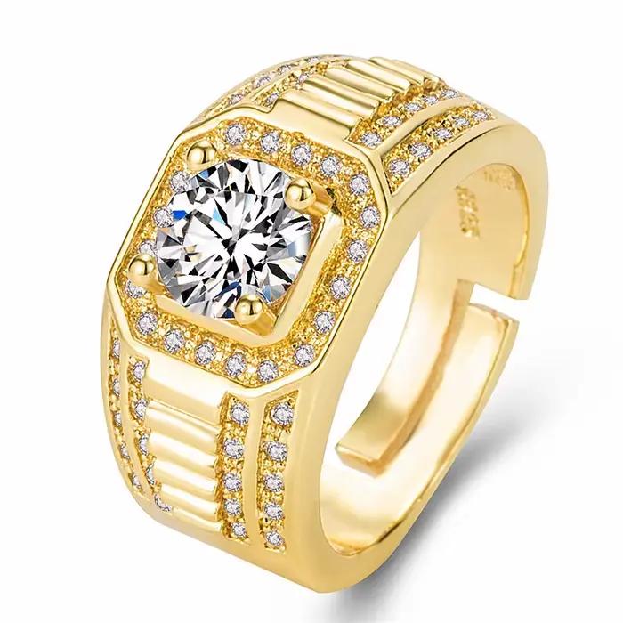 Bague de fiançailles pour homme en or véritable 18 carats, 100% or jaune massif, entièrement sertie de diamants, cadeau luxueux pour homme d'affaires, mari