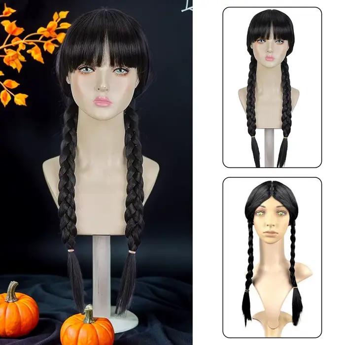 Perruque tressée Double queue de cheval pour perruques du mercredi, tresses de Costume gothique d'halloween, Anime Double noir tressé synthétique avec frange