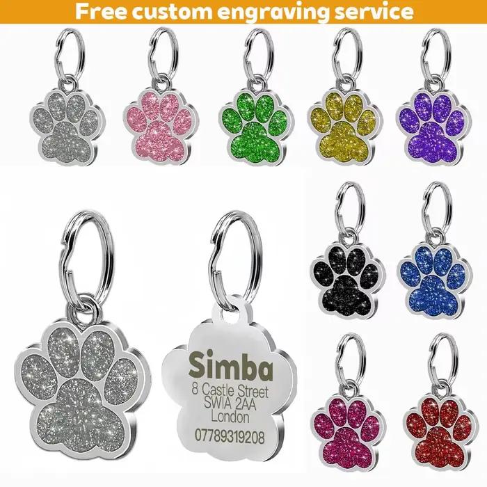 Étiquettes de plaque personnalisées gratuites pour chien et chat, nom d'identification pour chiot gravé, pendentif patte en alliage à paillettes, accessoires pour animaux de compagnie et chiens