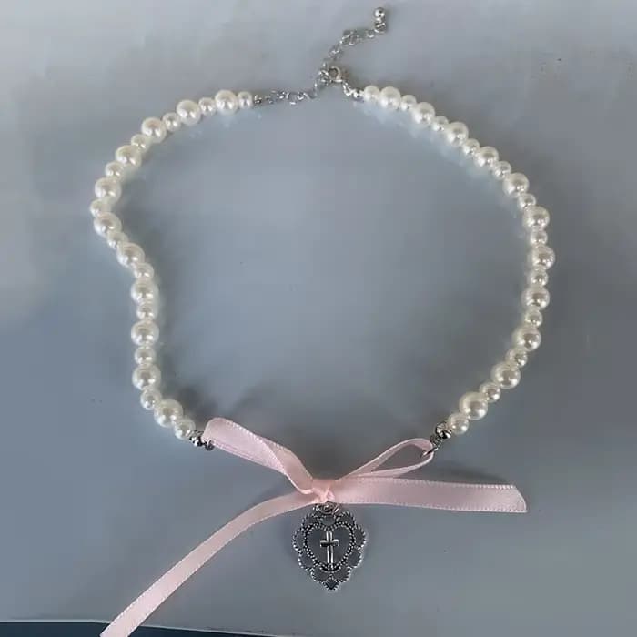 Kpop Goth – collier ras du cou avec nœud en ruban rose