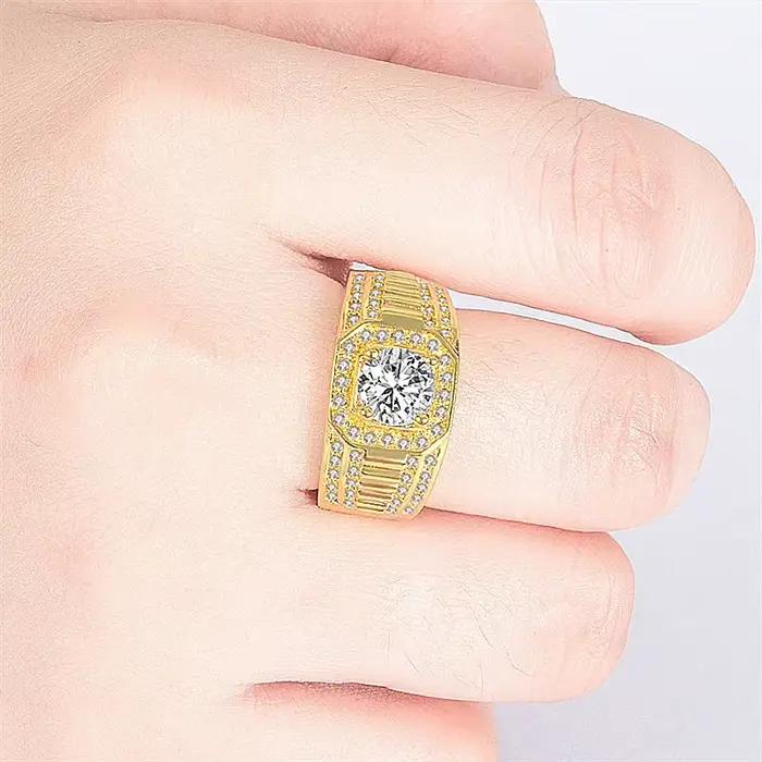 Bague de fiançailles pour homme en or véritable 18 carats, 100% or jaune massif, entièrement sertie de diamants, cadeau luxueux pour homme d'affaires, mari