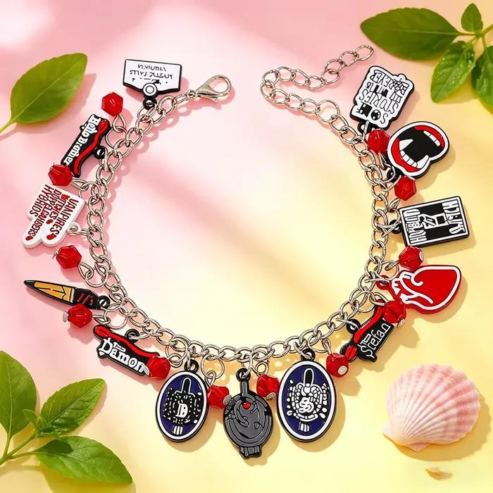 Bracelet à breloques The Vampire Diaries, personnages Damon et Stefan, thème Mystic Falls, bijoux fantaisie pour fans, cadeau
