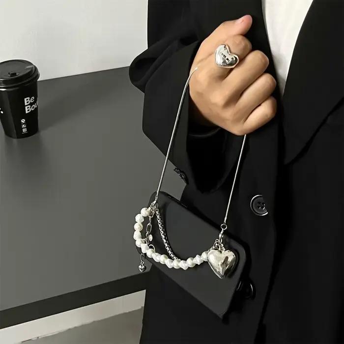 Collier avec lanière à bandoulière coréenne, sangle d'épaule argentée, étui de téléphone noir pour iPhone 17 16 15 14 13 12 Pro Max, couverture avec chaîne