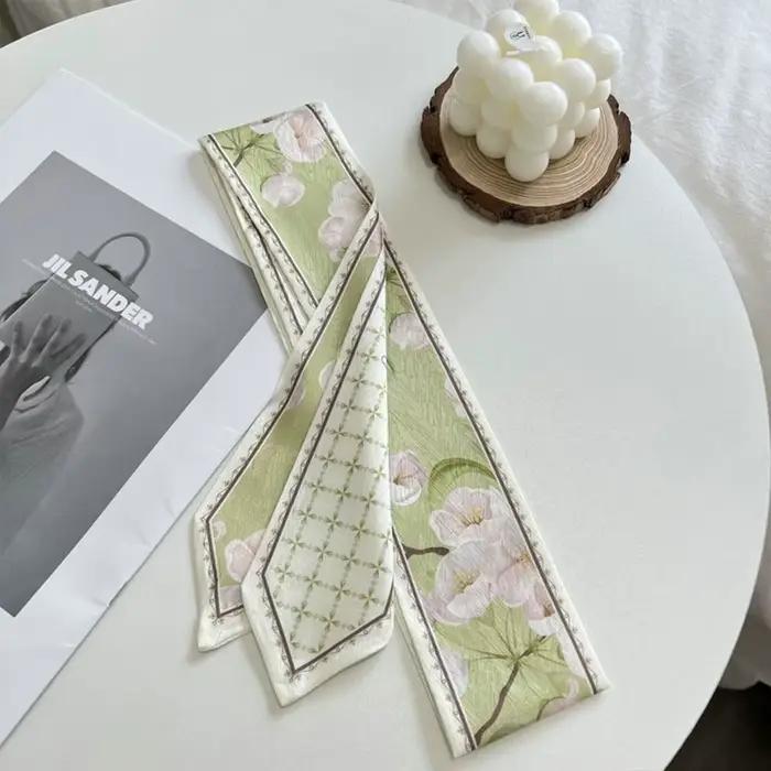 Écharpe en ruban de soie satiné polyvalente, tendance, florale fraîche, longue et fine, cravate pour cheveux, sangle de sac étroite pour femmes