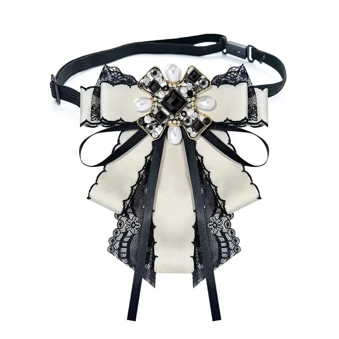 Épingles de col de chemise vintage en perles noires et strass avec nœud papillon pour femmes, avec long ruban en dentelle, accessoire de bijouterie élégant