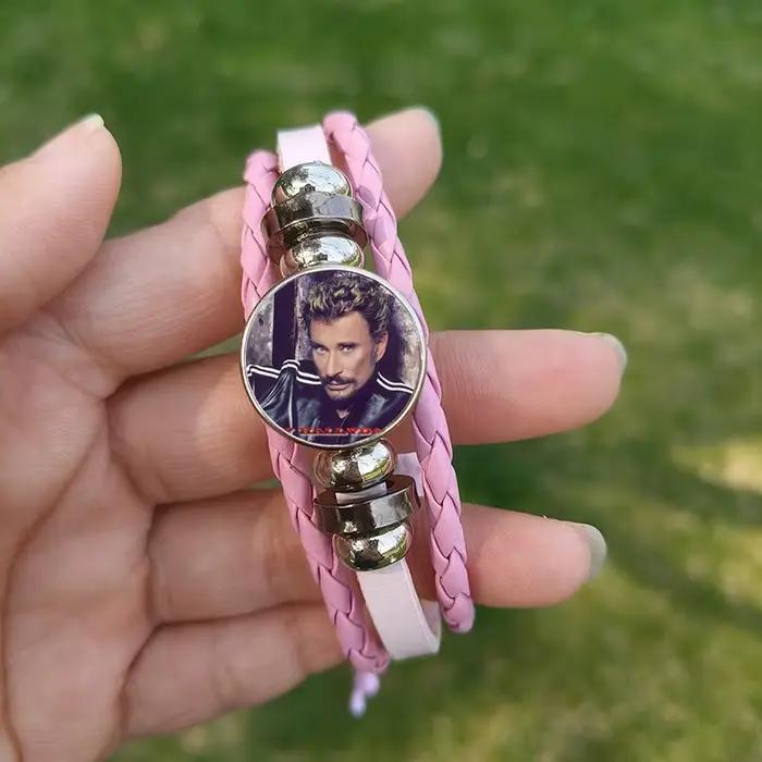 Bracelet Johnny Hallyday NouLité 2024 pour Homme, Affiche Rock Star, Bouton Verre, Rose, Bleu, Noir, Bracelets GérJewelry