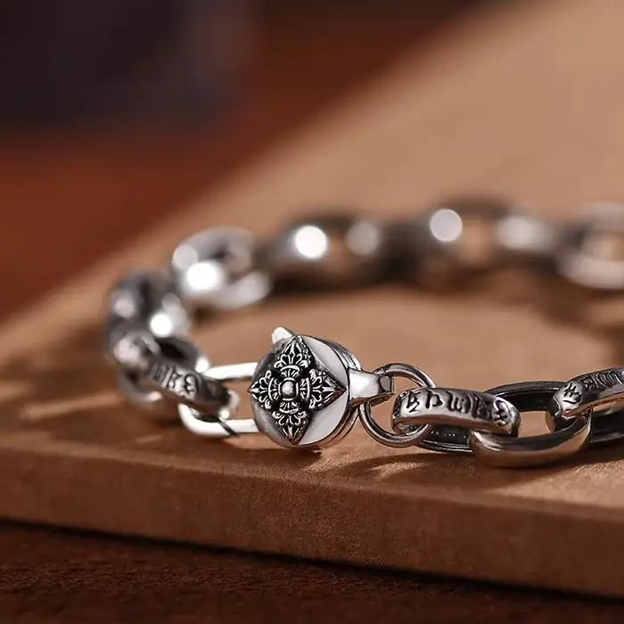Prix d'usine - Bracelet en argent sterling S925 avec mantra à six caractères, de haute qualité, pour hommes et femmes, bijoux tendance rétro, cadeau