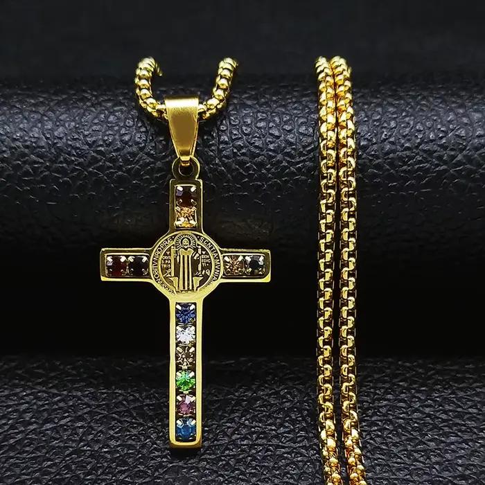 Collier en acier inoxydable avec croix de jésus catholique, pendentif en cristal de Saint benoît, vierge marie, Crucifix, colliers pour hommes, bijoux cruz