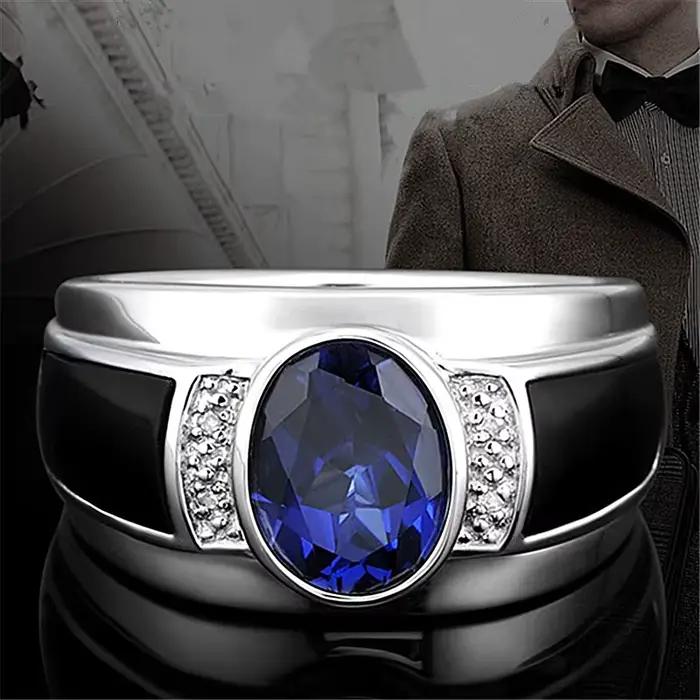 Bague ovale en argent Sterling 925 pour hommes, accessoires de fiançailles, cristal Cool, océan bleu, réglable, cadeau de bijoux, tendance