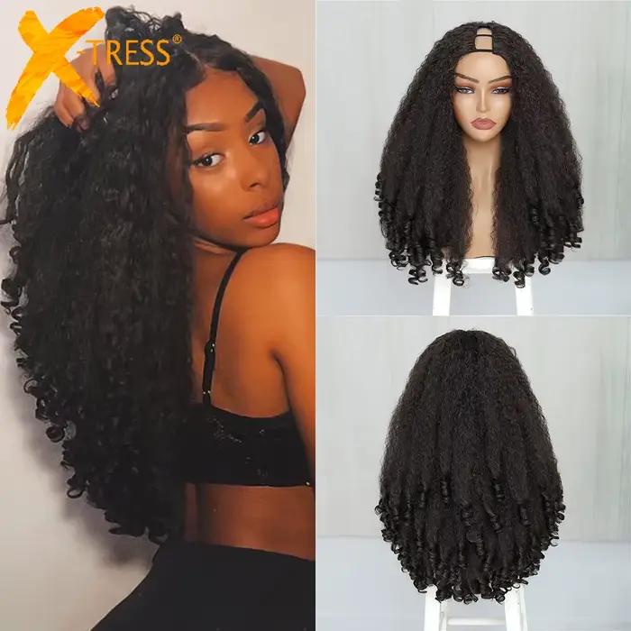Perruque Afro bouclée en V avec boucles rebondissantes, cheveux synthétiques crépus lisses pour femmes, sans laisser, demi-perruque quotidienne, X-TRESS