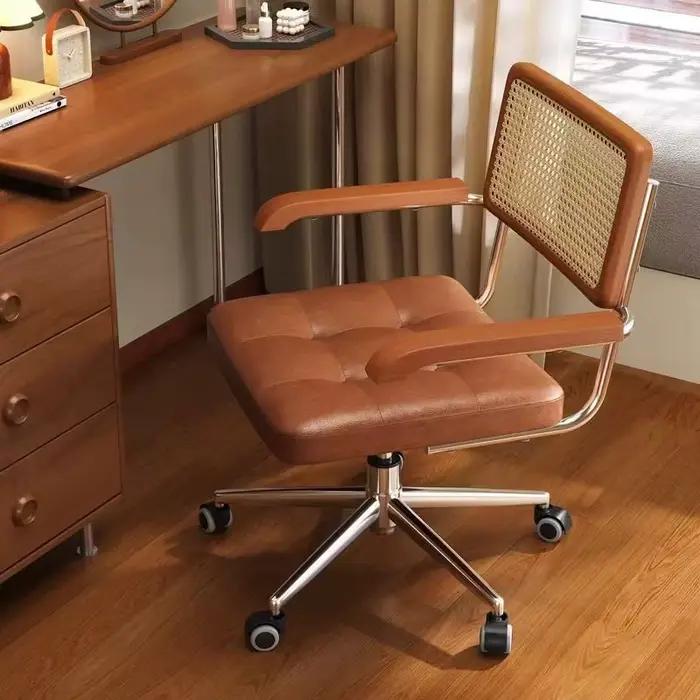 Chaise de Bureau Rétro en Cuir avec Fonction de Bascule, Fauteuil d'Étude Simple avec Dossier à Comcussion et Ascenseur